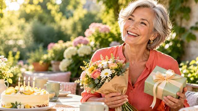 Senior woman smiles while holding a bouquet of pink flowers and a wrapped present at a garden birthday table, surrounded by blooming plants, a decorated cake and warm outdoor daylight.