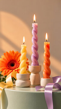 Three twisted birthday candles in yellow, lilac and bright orange burn on a pale green cake beside an orange daisy and curling lavender ribbon, creating a close view of festive dessert decorations.