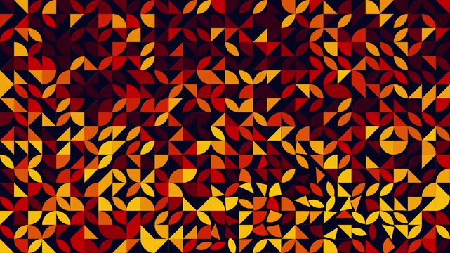 Geometric fire mosaic of quarter circles, leaves and triangles turning in ripples, glowing ember tile pattern loop