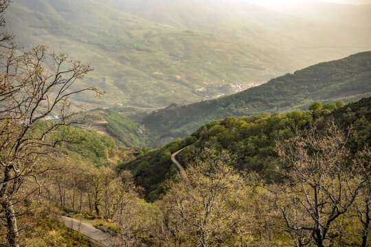 Scenic landscape with the Jerte valley, Caceres, Extremadura, Spain, in the background, between the mountains with golden sunset light