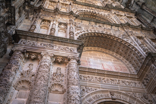 Detail of the facade of the Plateresque cathedral of Plasencia, C&aacute;ceres, Extremadura, Spain