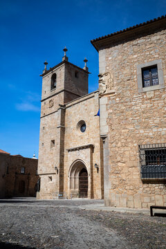Vertical view of the Palace of the Marquises of La Conquista in the Plaza Mayor of Trujillo, Caceres, Spain
