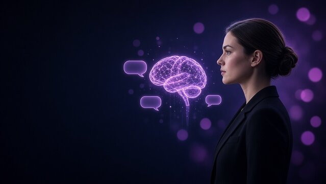 Businesswoman in profile looking at glowing AI brain hologram with chat bubbles