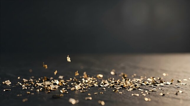 Elegant Gold Glitter Particles Falling onto a Dark Textured Surface Creating a Luxurious Festive Atmosphere for Celebrations and Premium Branding