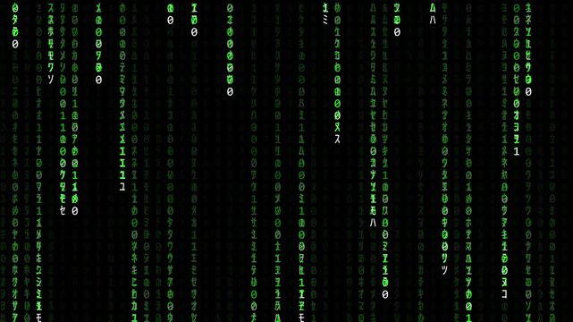 Green Matrix Digital Rain Binary Code Motion Background. Seamless looping animation of green matrix digital code falling on a black background, perfect for technology, hacking, and cyber security.