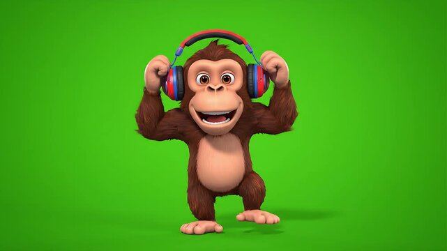 Funny 3D Chimp DJ Character Listening to Music on Chroma Key Background