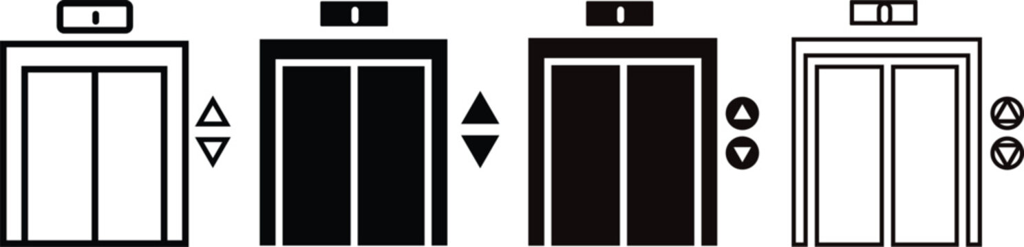 Black elevator and lift icon set with up down arrows