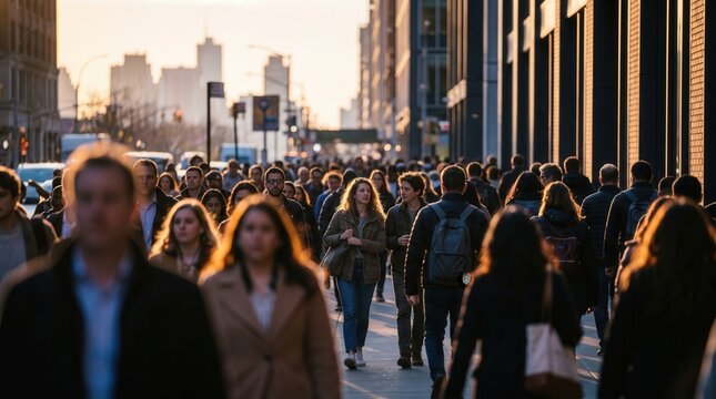 Crowd of diverse people walking on a busy city sidewalk during golden hour sunset, capturing urban rush hour and social connectivity for metropolitan lifestyle and population density studies.