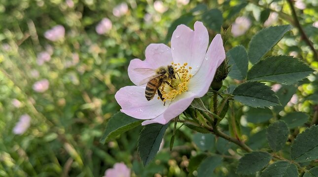 Close up nature shota delicate wild rose blossom visited by a small foraging honeybee in a natural garden honey bee wild flower garden insect pollinator bug natural habitat buzzing bee botanical