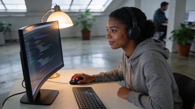 Working coder in gray-hoodie, black-headset coding at desk with curved-screen and lamp, copy space