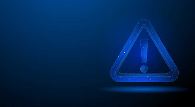 Blue Digital Warning Triangle with Glowing Geometric Wireframe and Exclamation Mark