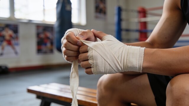 Wrapping boxer tightening white hand wraps on wooden bench at boxing gym, wearing tank