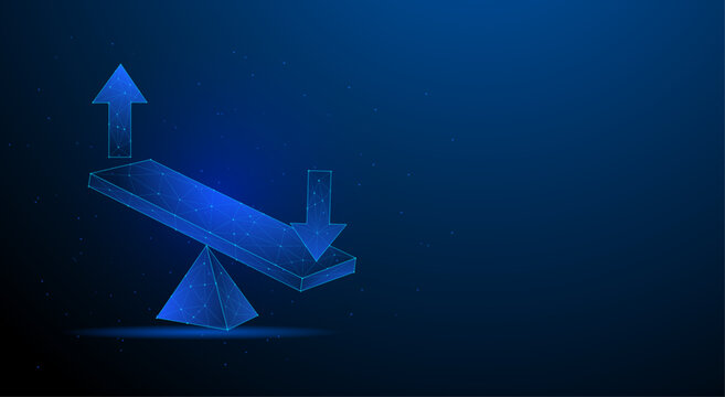 Blue Digital Balance Scale with Upward and Downward Arrows and Geometric Wireframe Design