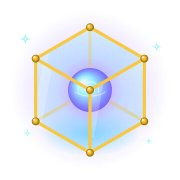 Glass crystal cube with glowing magic orb inside a gold frame