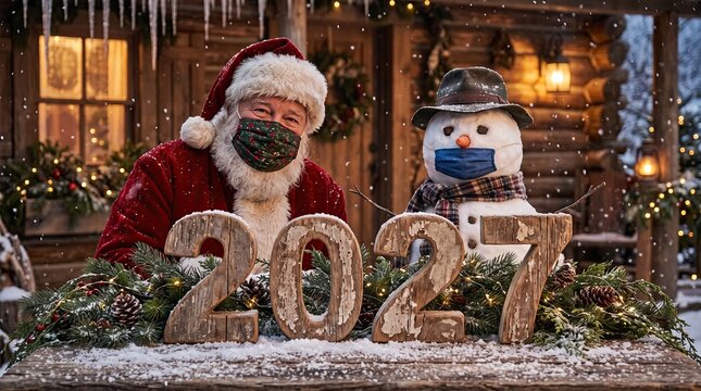 Santa Claus and a snowman wearing protective face masks standing behind wooden numbers representing the upcoming year twenty twenty seven