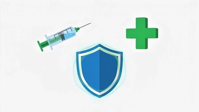 Medical protection icons featuring a blue shield syringe and a green cross symbol isolated on a clean white background for healthcare concepts