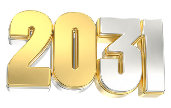 Shiny metallic 3D year 2031 numbers in gold and silver isolated on a transparent background