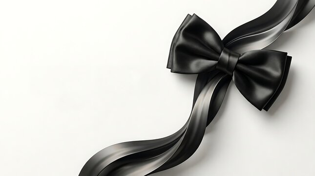 Elegant black silk bow with flowing ribbon isolated on white background