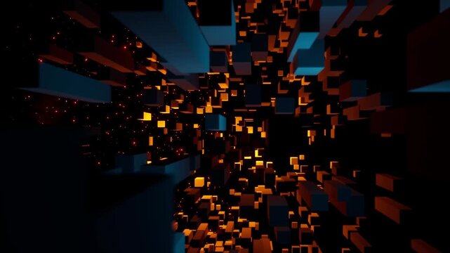 Abstract shape animation. Flickering cubes and rectangles with fire glowing particles fly around