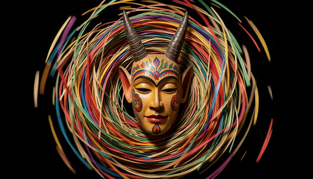 Intricately painted Zaouli mask with a serene face and elaborate horns, surrounded by motion-blurred dyed raffia in a dramatic black-background photograph inspired by Guro culture.
