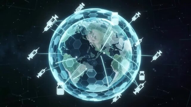 Abstract digital Earth sphere with interconnected medical syringes and vaccine vials, representing global immunization, health technology, and scientific progress