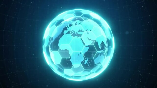 Glowing Neon Holographic Digital Earth Globe with Futuristic Hexagonal Grid Network Patterns for Global Technology and Connectivity Concept
