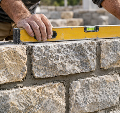 Mason checking stone wall level with spirit level during construction. Stone masonry and facade building. Skilled construction, precision workmanship and building renovation.