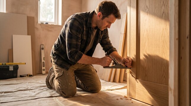 Carpenter fits a cabinet door in sunlit renovation