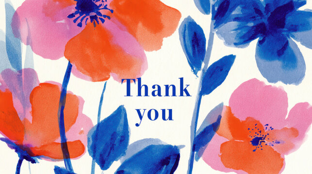 Neon accented watercolor floral thank you card artwork featuring vibrant flowers in shades of blue, pink, and orange with elegant typography