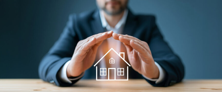 Caucasian male insurance agent in dark navy suit makes protective gesture over glowing home icon, property insurance concept in studio setting