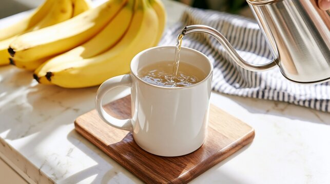 Hot water being poured into white ceramic mug on wooden trivet with bananas and kitchen cloth nearby