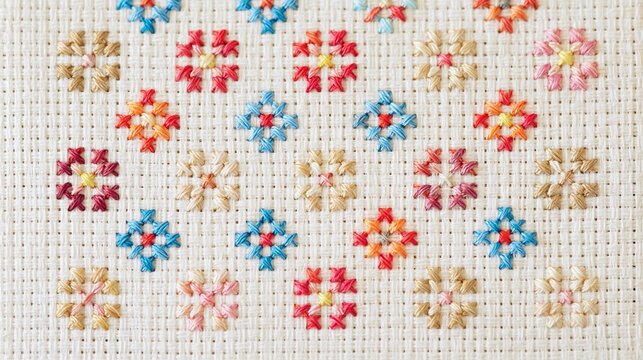 Macro photo of colorful snowflake-like motifs on woven canvas, showcasing a repeating cross stitch grid pattern in soft natural daylight