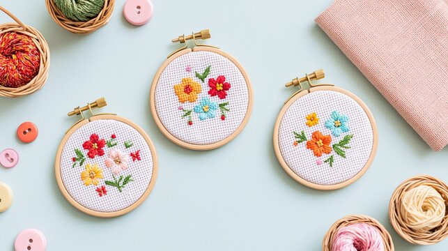 Flat lay photo of embroidery hoops featuring colorful cross stitch flower designs with yarn baskets and buttons on a soft blue background