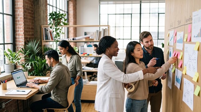 Diverse colleagues reviewing sticky notes and charts on an office planning wall
