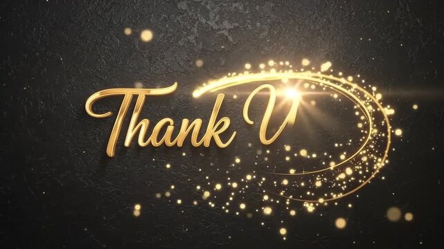 Golden cursive text writing Thank You with sparkling light particles on textured black background, representing gratitude, appreciation, and celebration