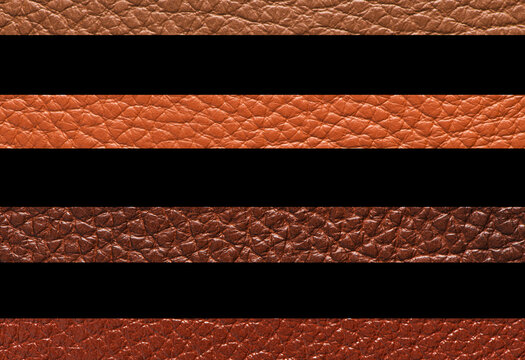 Close up of horizontal brown leather bands separated by black stripes showing textured grain and rich natural tones