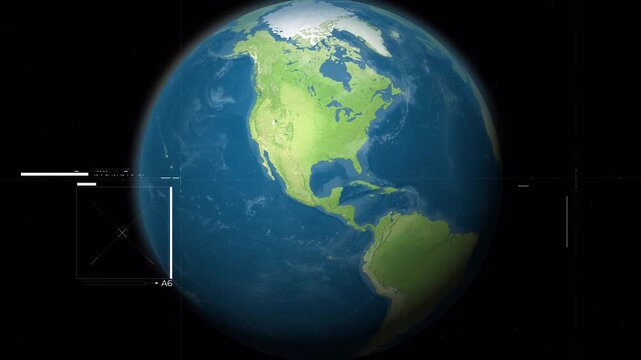 Earth in space with spin zoom closer to the north america with hud elements and transparent bg in 4K