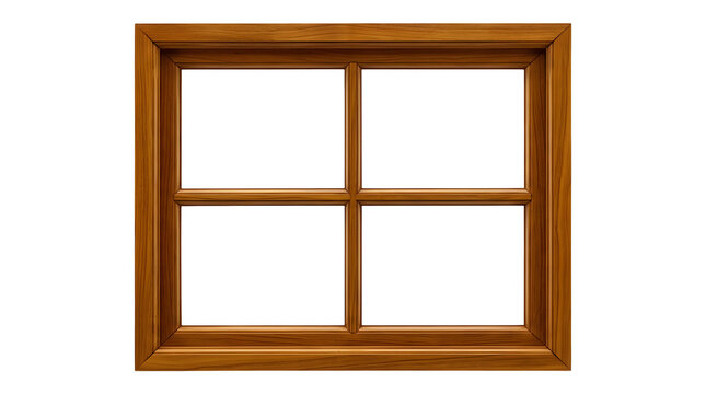 A 3D rendered square wooden window frame featuring a two-by-two four-pane grid with visible brown wood grain texture and thick outer casing molding isolated on a pure white transparent background