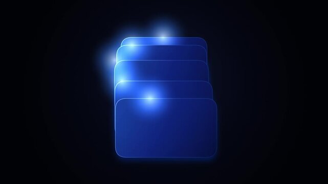 Glowing blue stacked cards with bright light flares on black