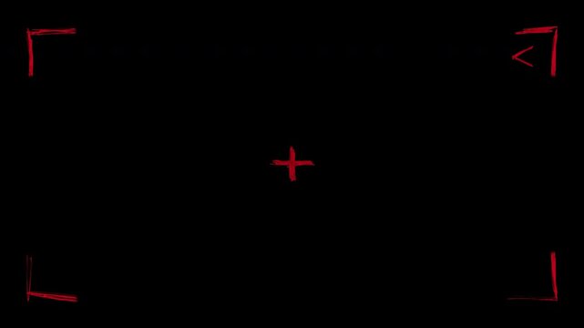 Hand drawn red marker rewind arrows stepping inside a sketched camcorder viewfinder with crosshair. Stop motion playback overlay loop, alpha channel.