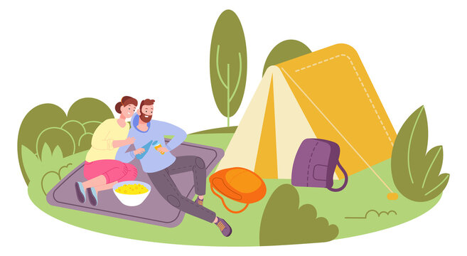 Couple camping together. Man and woman outdoor recreation