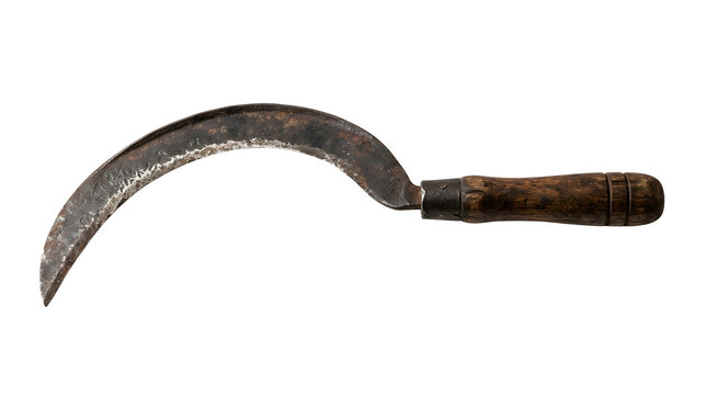 Old vintage agricultural harvesting sickle featuring a rusted curved metal blade with a worn edge and a dark weathered wooden handle with two horizontal grooves isolated on a white background