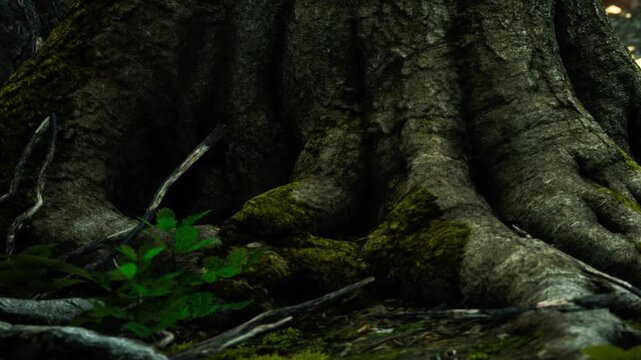 Dark moss covers the thick roots of a large tree trunk located in a deep forest area with green plants and broken branches scattered across the earthy ground during the light of the day.