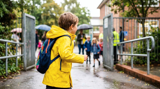 A young boy in a bright yellow raincoat runs towards the open gates of a school building on a rainy day, carrying a backpack and joining other students.