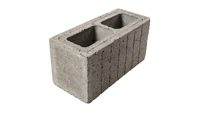 A single grey concrete cinder block building material isolated on a transparent background