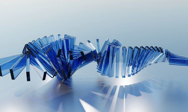 Futuristic Twisting Blue Glass Architecture on Reflective Floor