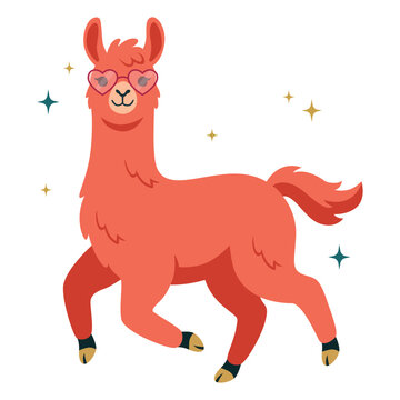 Cute pink llama wearing heart shaped glasses cartoon illustration. Stylish alpaca animal character with sparkling stars isolated on white background.