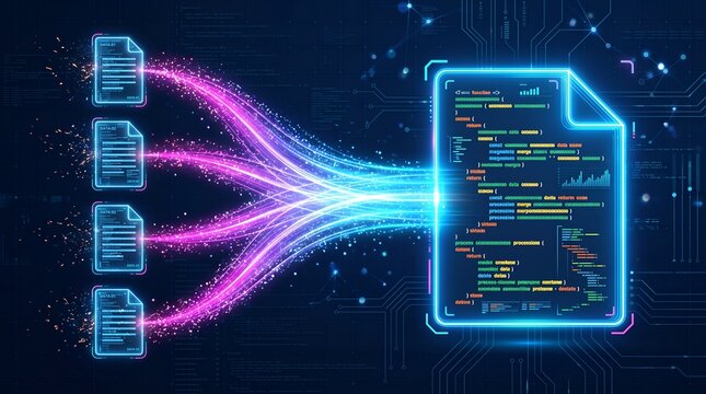 Futuristic data integration concept showing multiple digital files merging into central coding script