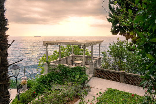 beautiful table with a view in Opatija Croatia at sunset