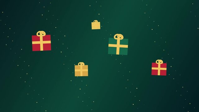 Festive wrapped Christmas presents float gently in a deep green holiday setting with sparkling golden particles and decorative ribbons.